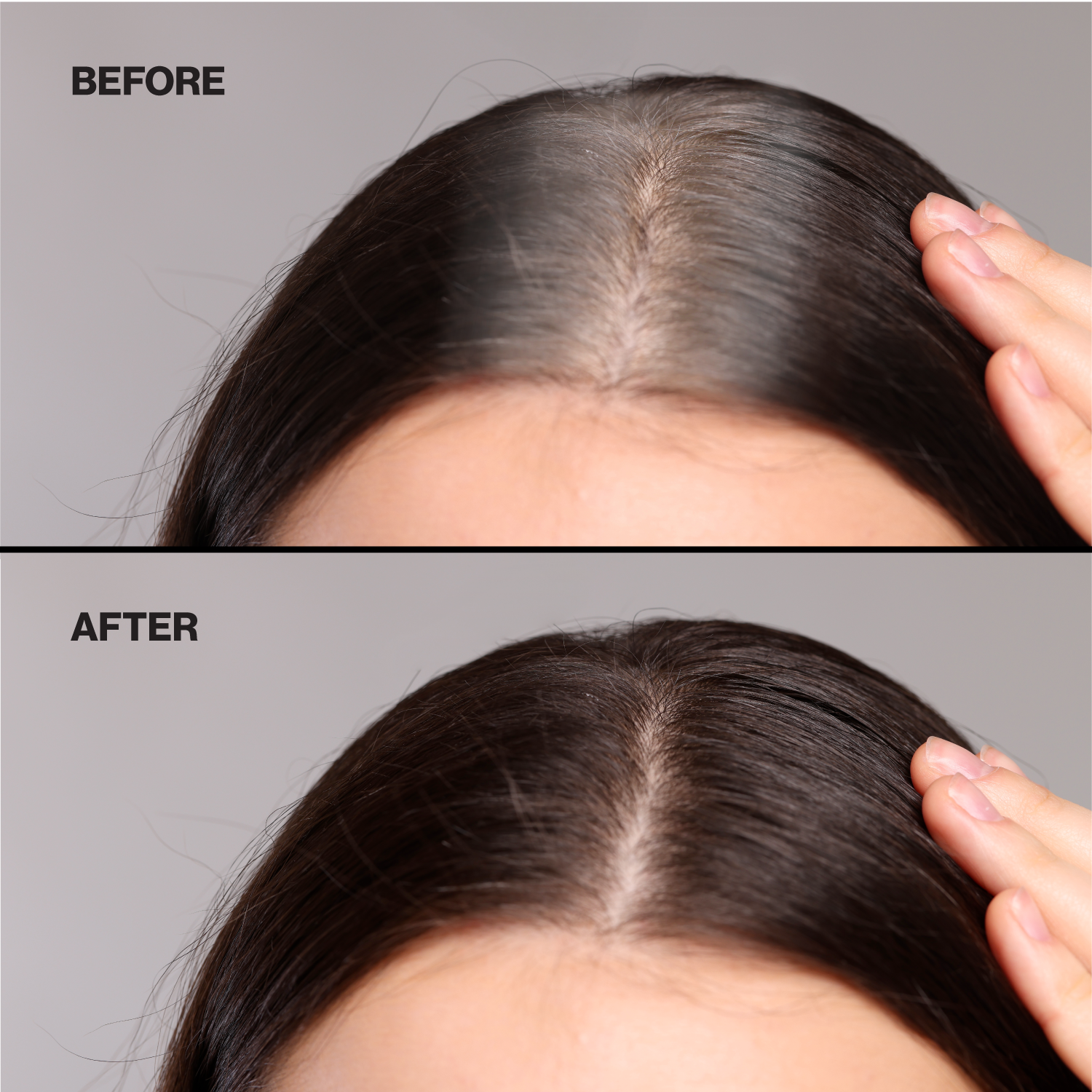 Before and after comparison of hair root touch up on a person's head.