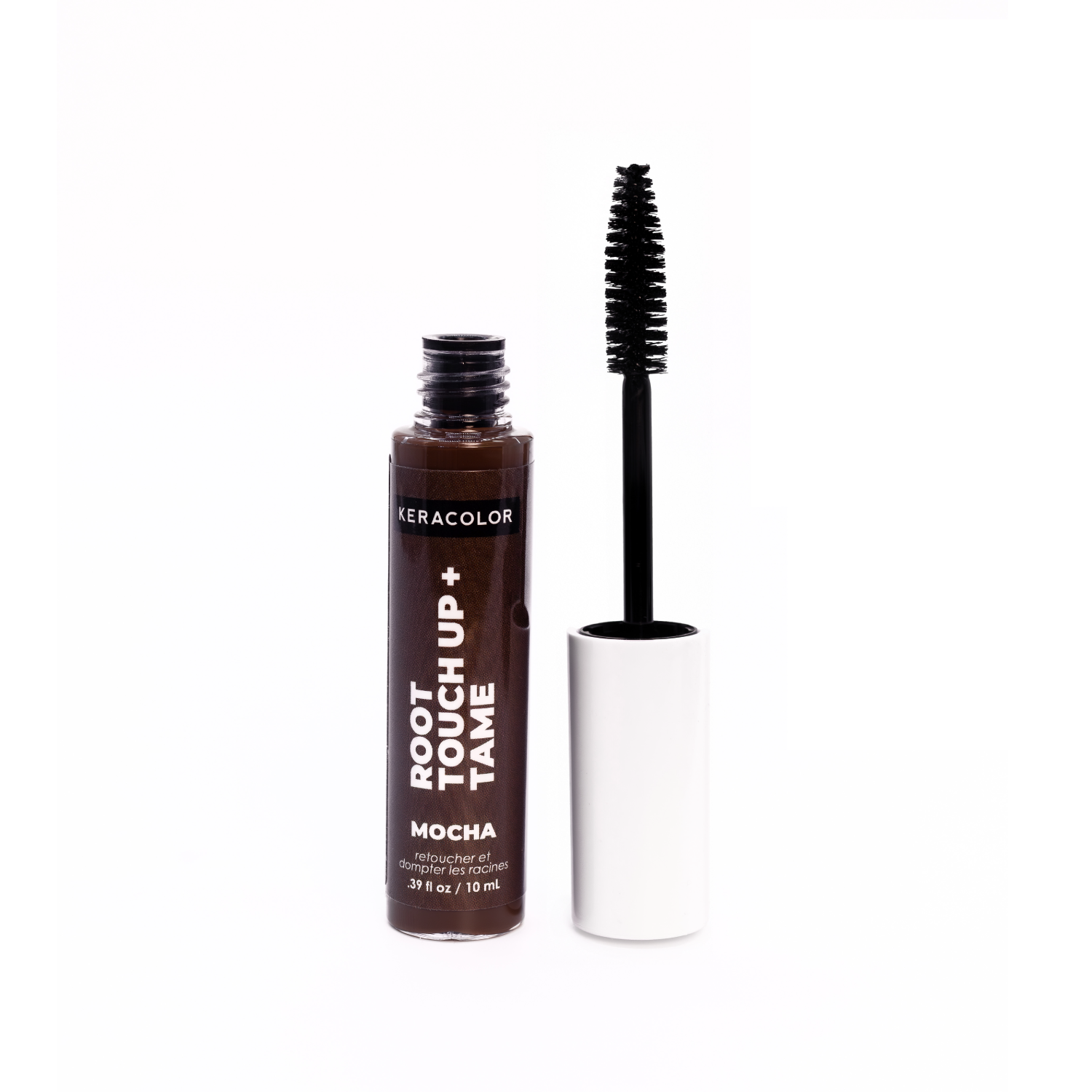 Root Touch up + Tame Mocha product with brush with gold cap and clear container on white background
