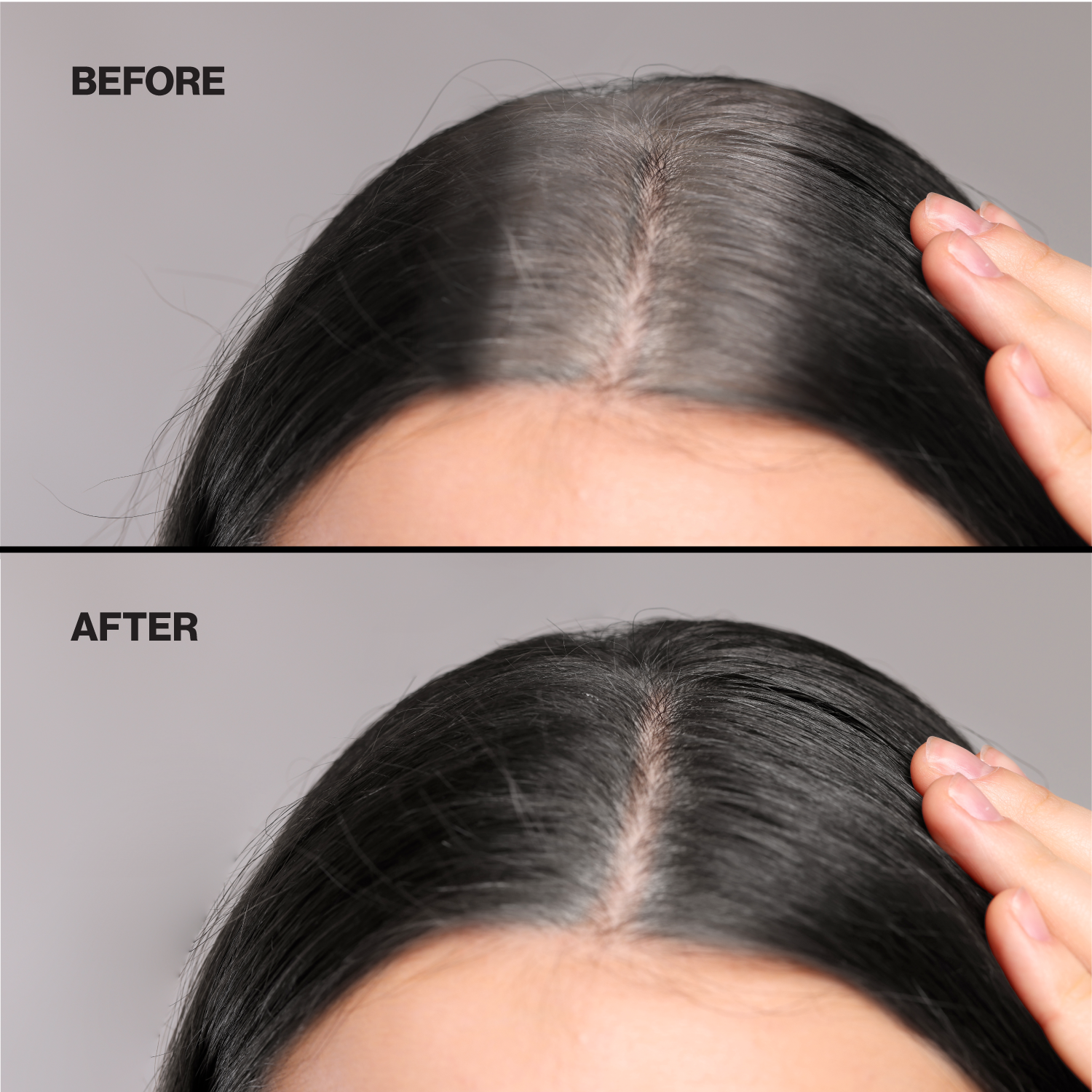 Before and after comparison of hair root touch up on a person's head.