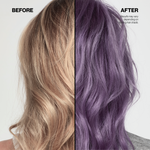Before and after comparison of blonde hair dyed lavender with text indicating results may vary.