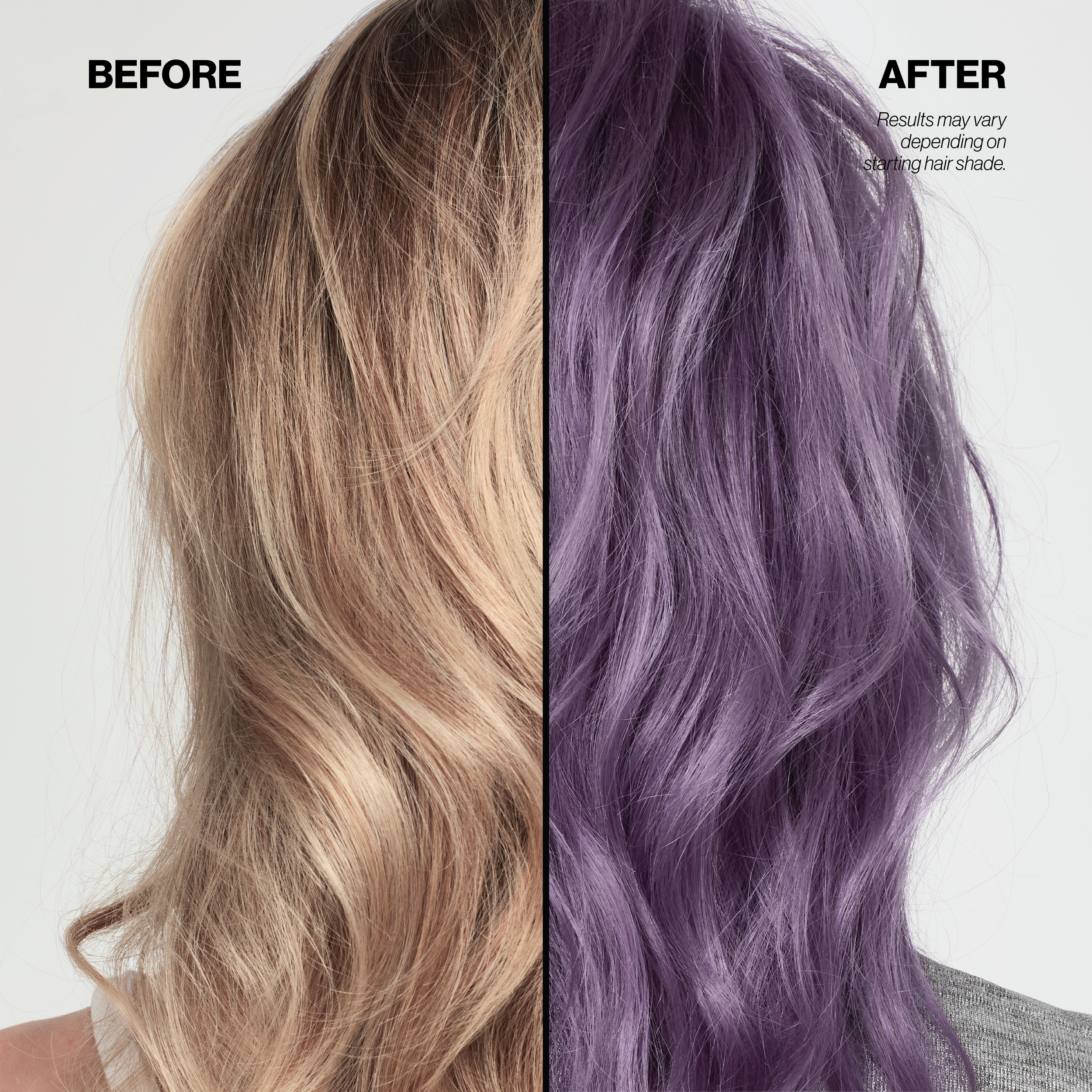 Before and after comparison of blonde hair dyed lavender with text indicating results may vary.