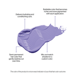 Lavender hair color product with text describing its properties on a white background