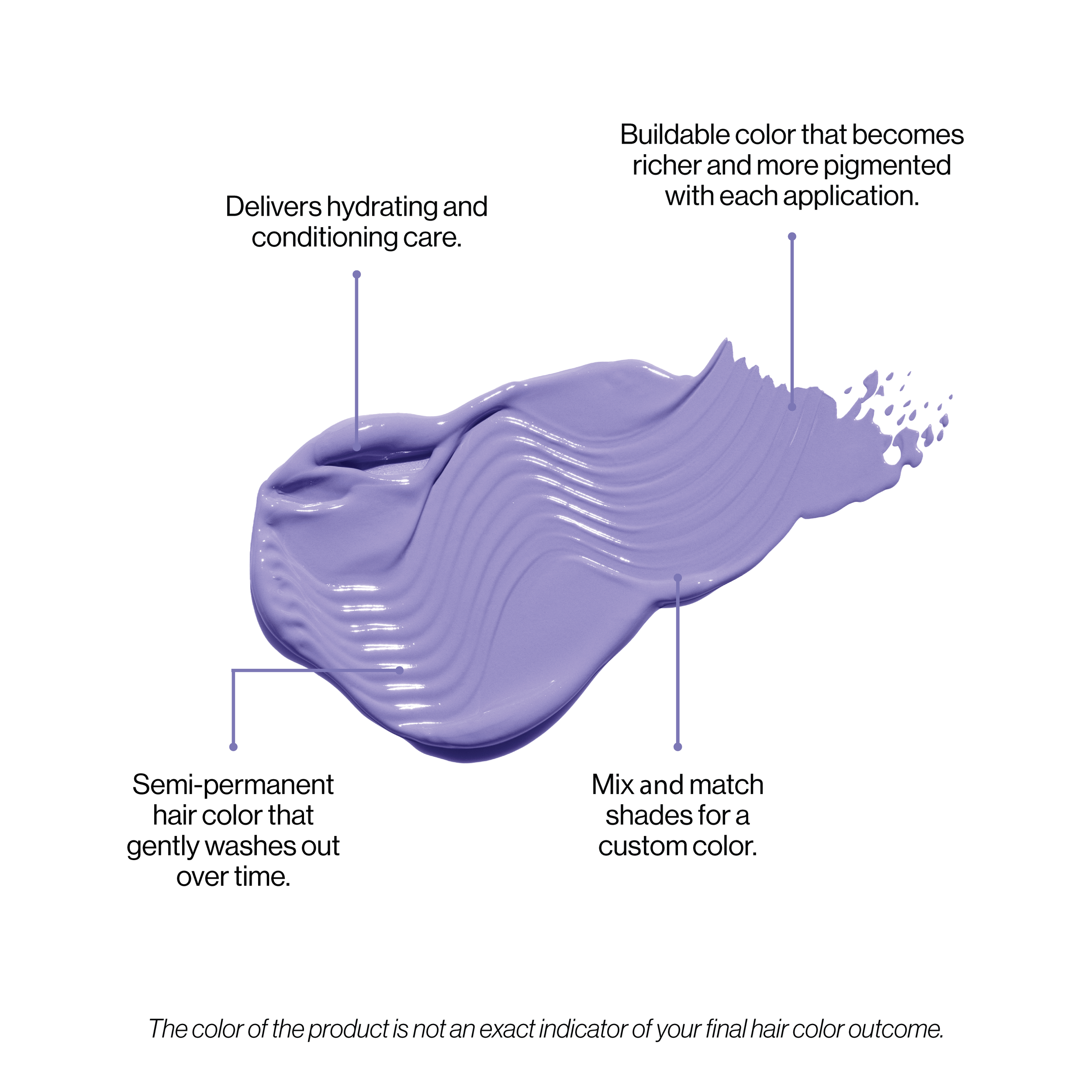 Lavender hair color product with text describing its properties on a white background