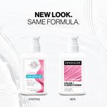 Two bottles of Keracolor color + conditioner with text 'New Look. Same Formula.' on a white background.
