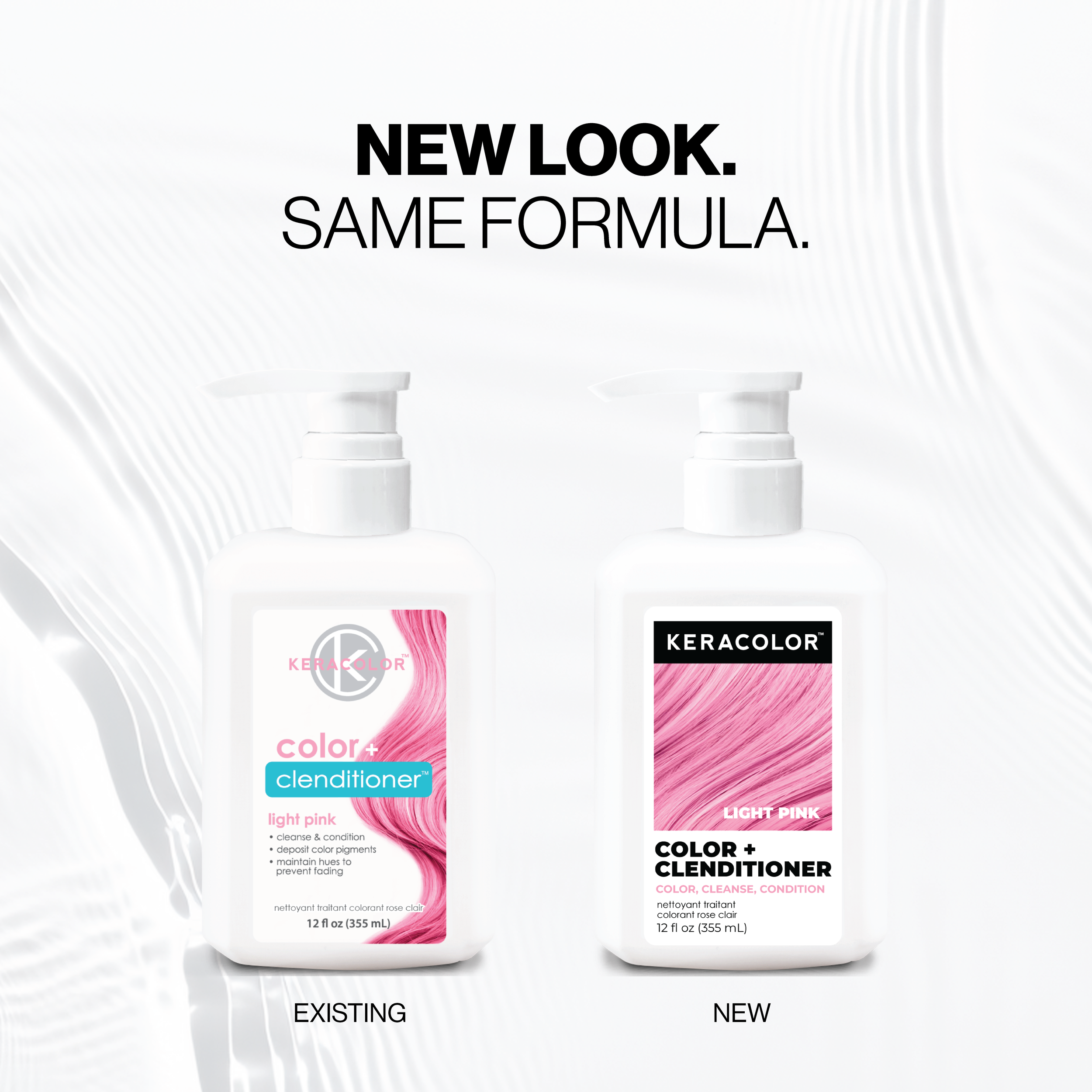 Two bottles of Keracolor color + conditioner with text 'New Look. Same Formula.' on a white background.