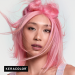 Person with pink hair against a light background, featuring the Keracolor logo.