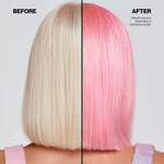 Before and after comparison of hair color change from blonde to pink.