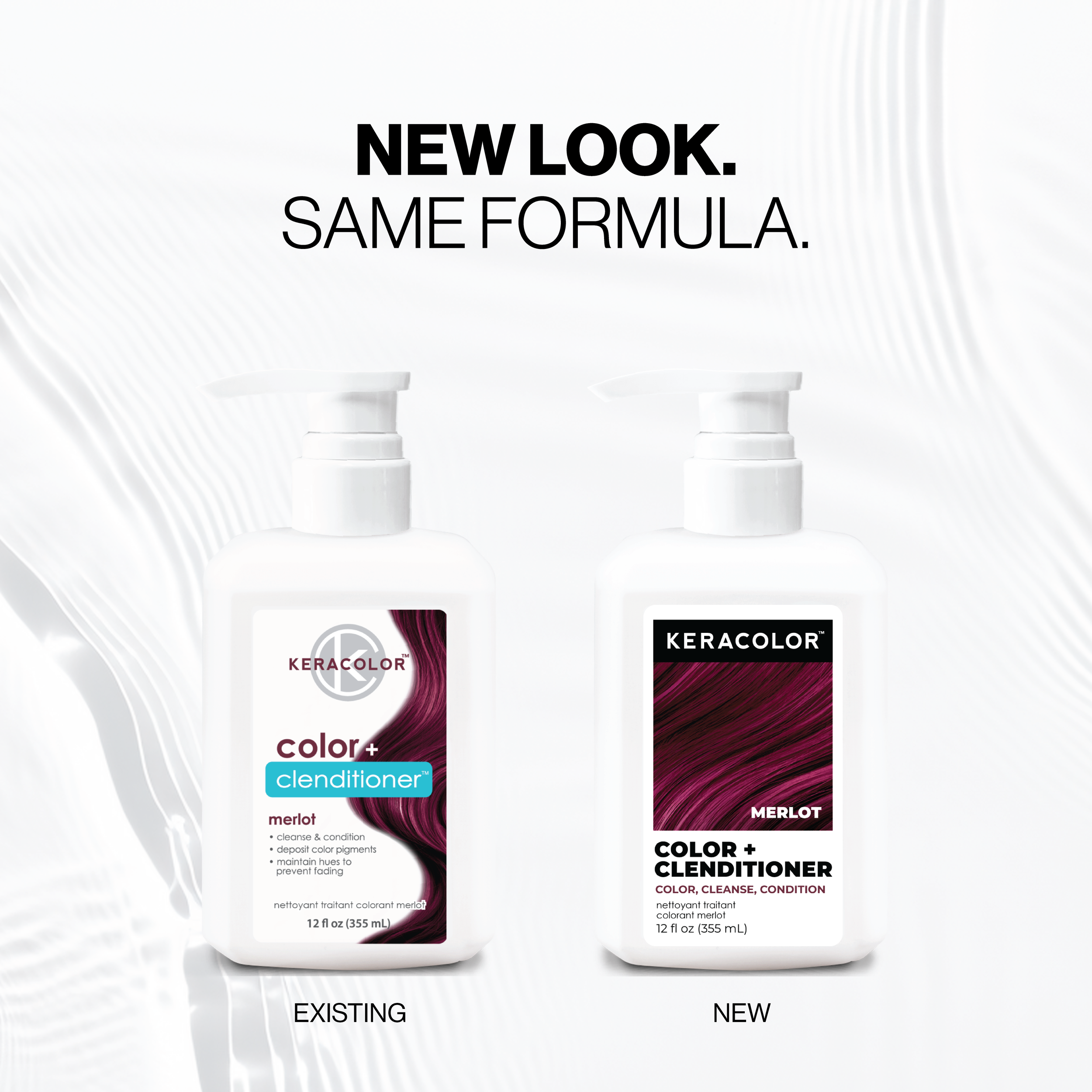 Two bottles of Keracolor Color + Clenditioner, one labeled 'Existing' and the other 'New', on a white background with text 'NEW LOOK. SAME FORMULA.