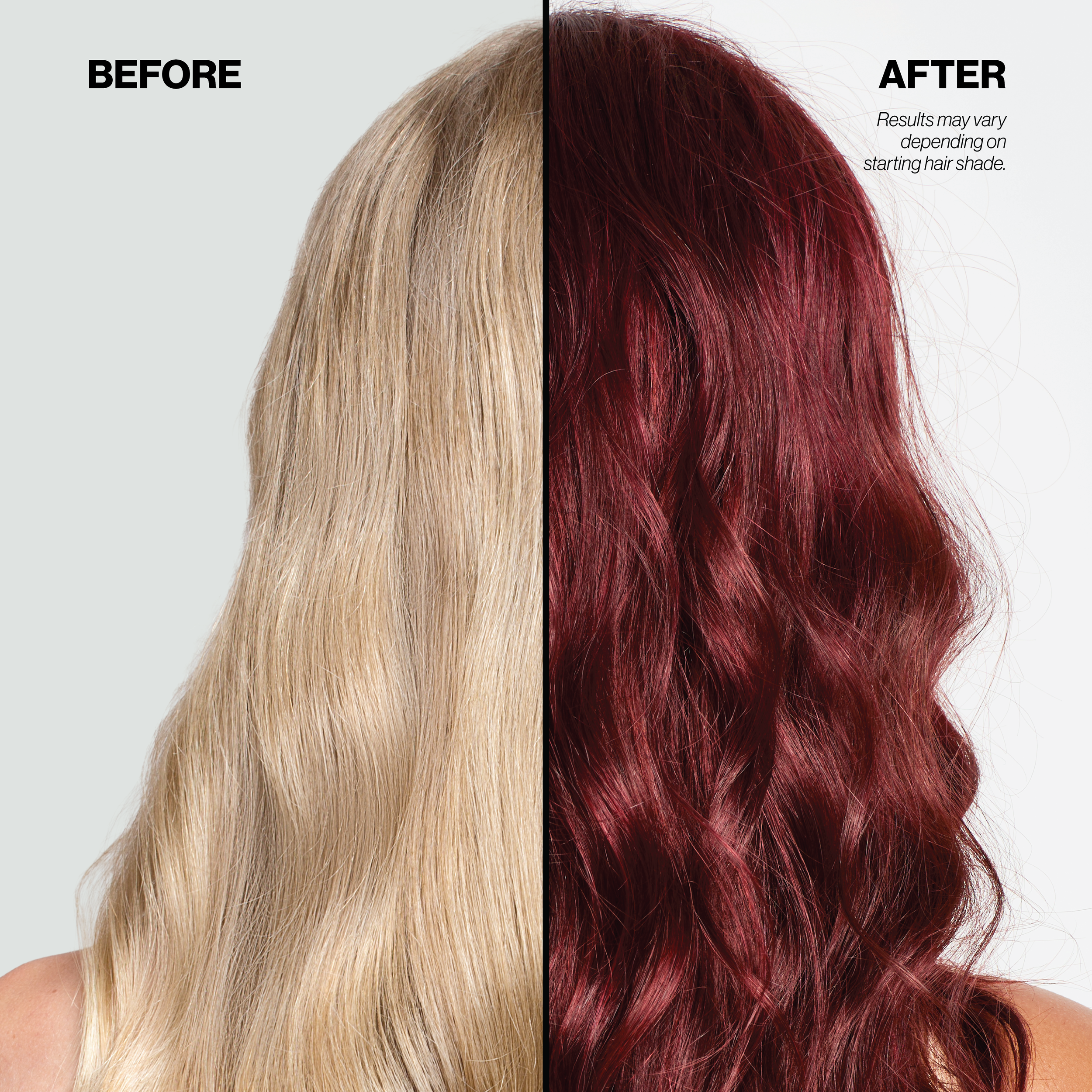 Before and after hair color transformation with blonde on the left and red-brown on the right.