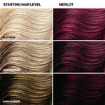 Hair color comparison between starting shades and resulting merlot color.