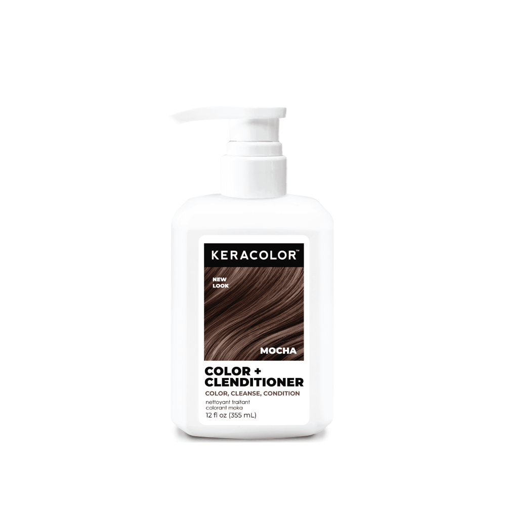 Keracolor Mocha hair color and conditioner bottle on a white background