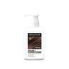 Keracolor Mocha hair color and conditioner bottle on a white background
