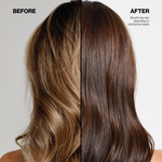 Before and after comparison of hair color treatment on a person with blonde to brown hair.