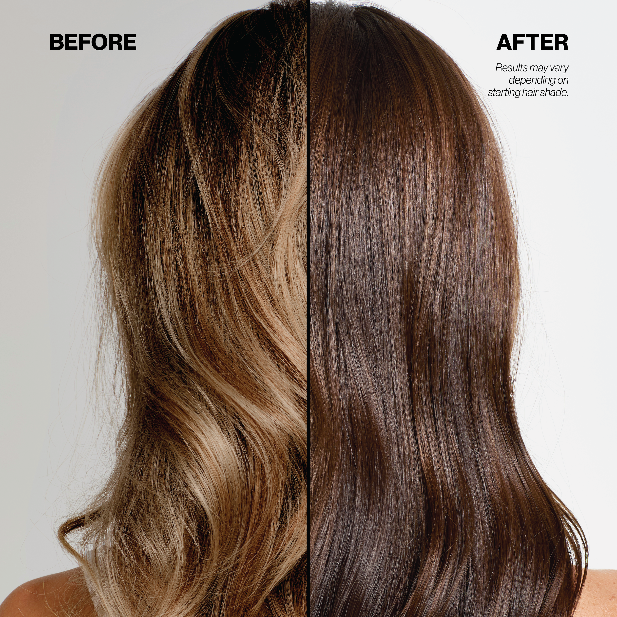 Before and after comparison of hair color treatment on a person with blonde to brown hair.