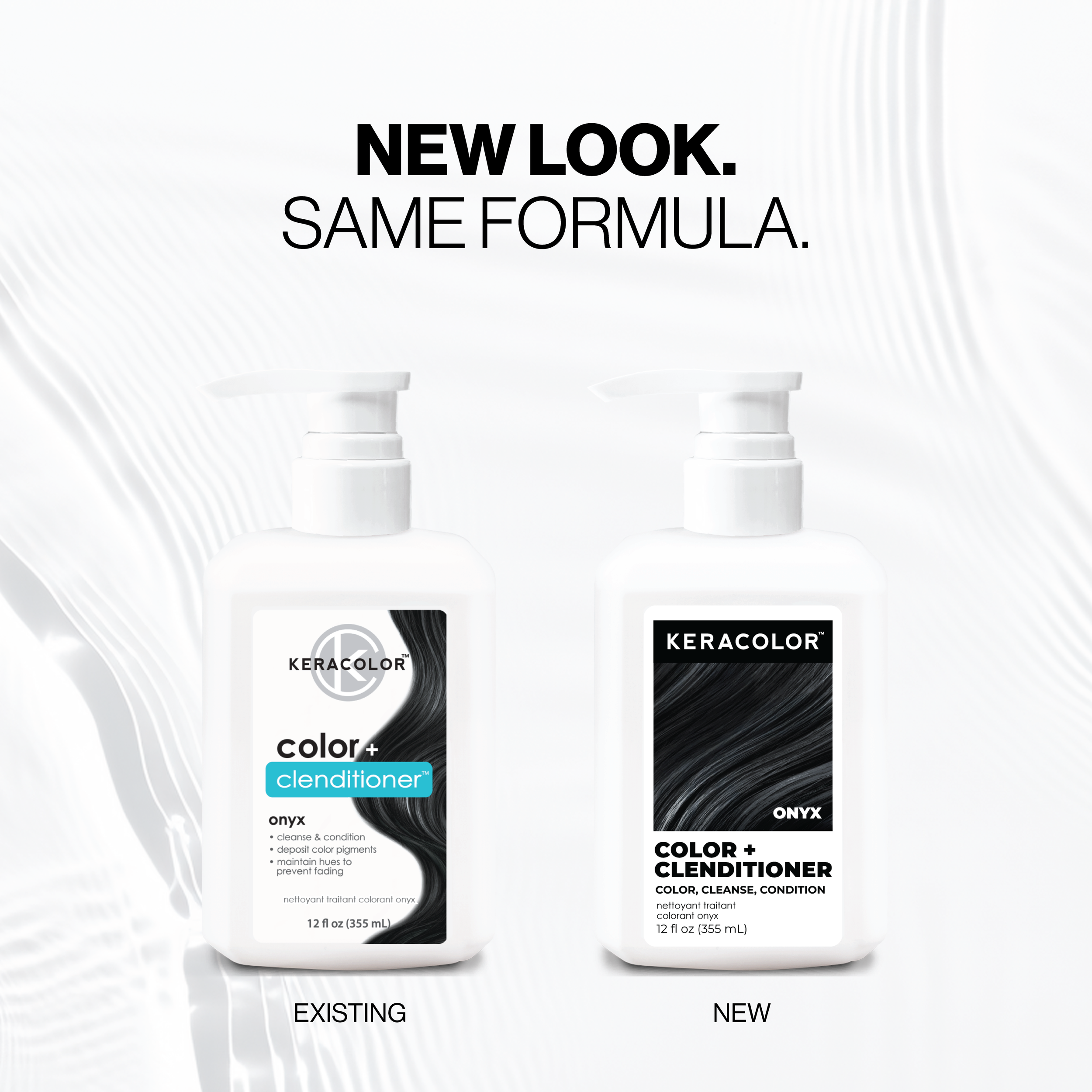 Two bottles of Keracolor Color + Clenditioner Onyx on a white background with text 'New Look. Same Formula.'