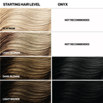 Hair color chart with starting hair levels and recommended colors for 'Onyx' hair color.