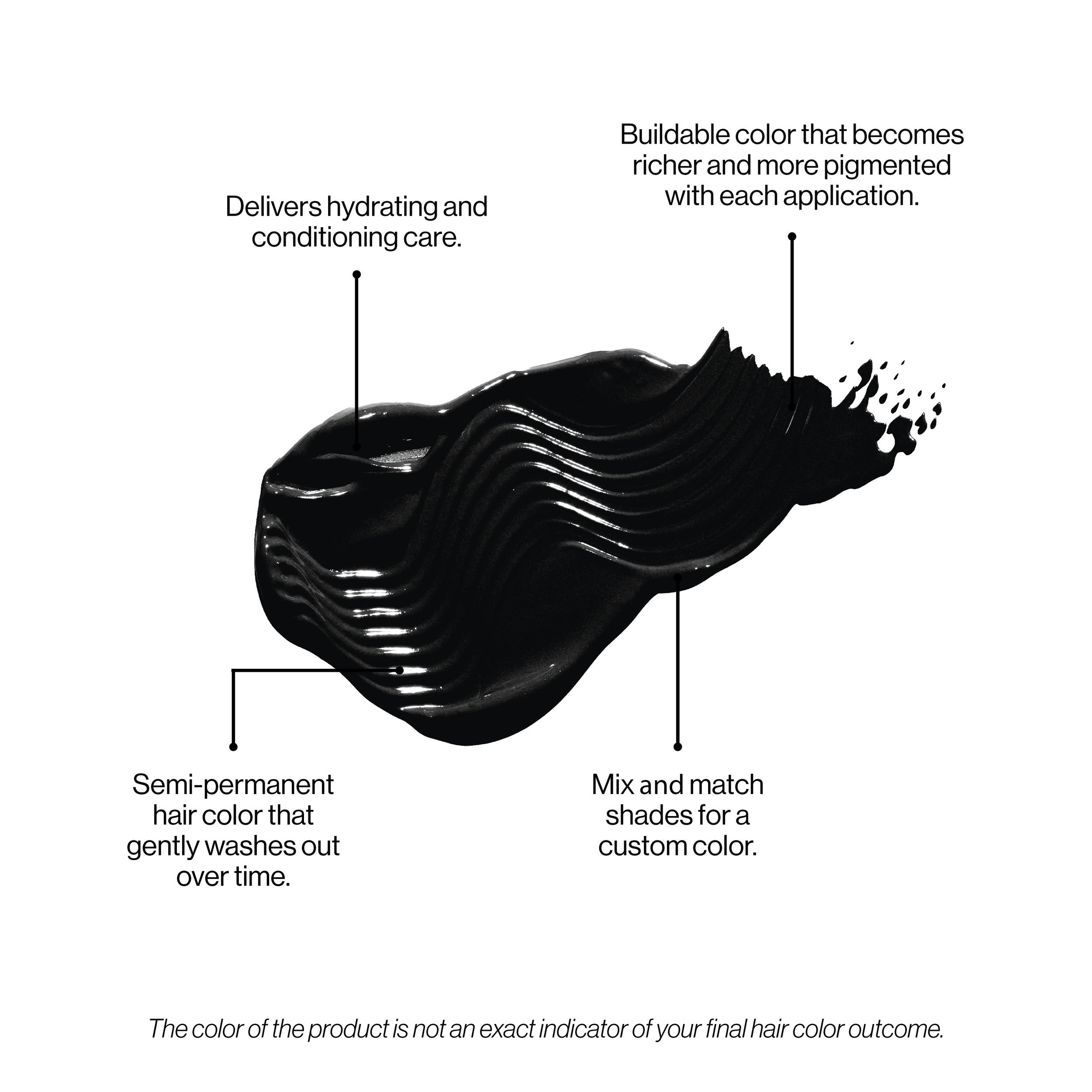 Black hair color product with features highlighted on a white background