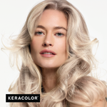 Woman with blonde hair and Keracolor logo