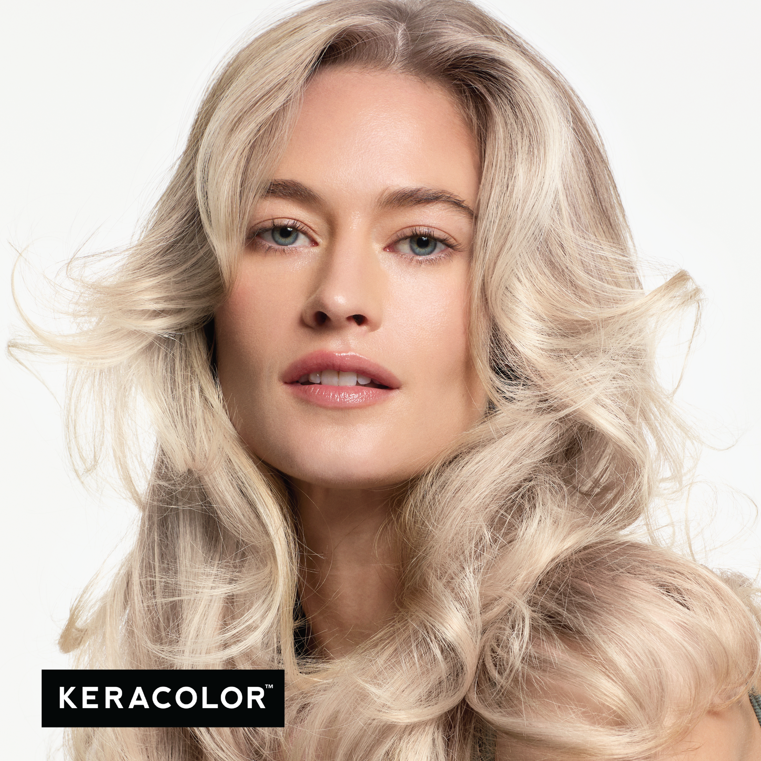Woman with blonde hair and Keracolor logo
