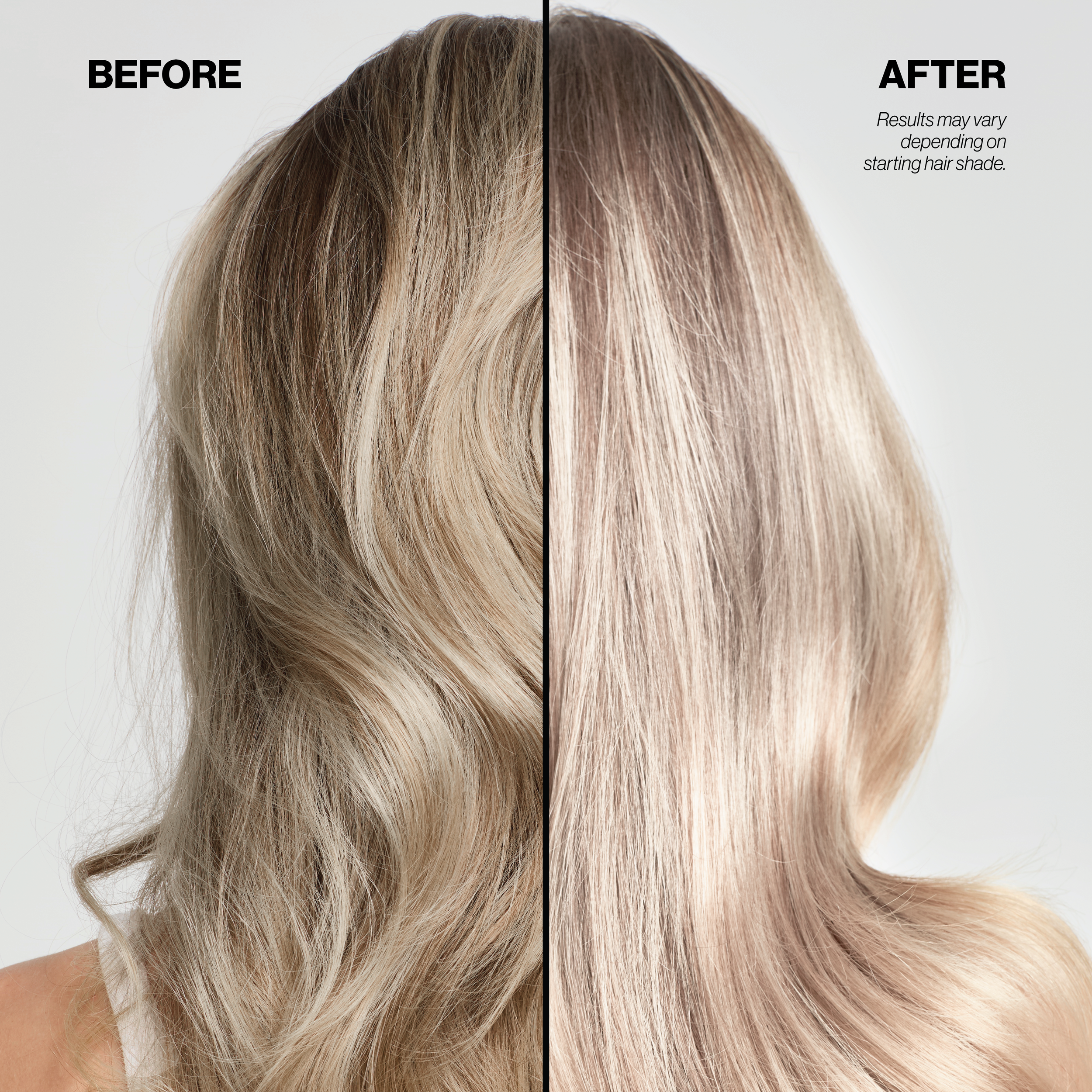 Before and after comparison of blonde hair color treatment on a person.