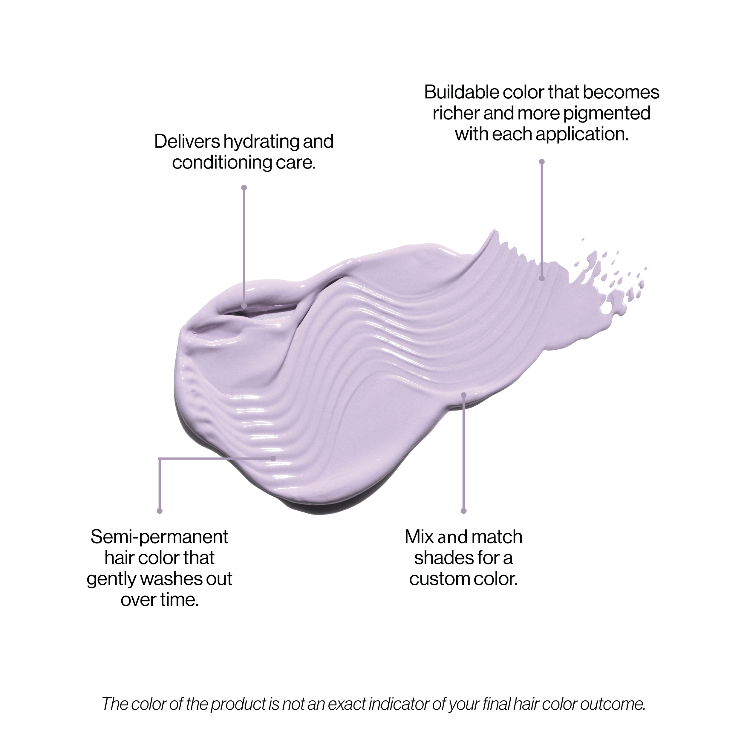Light purple hair color product with text describing its features on a white background