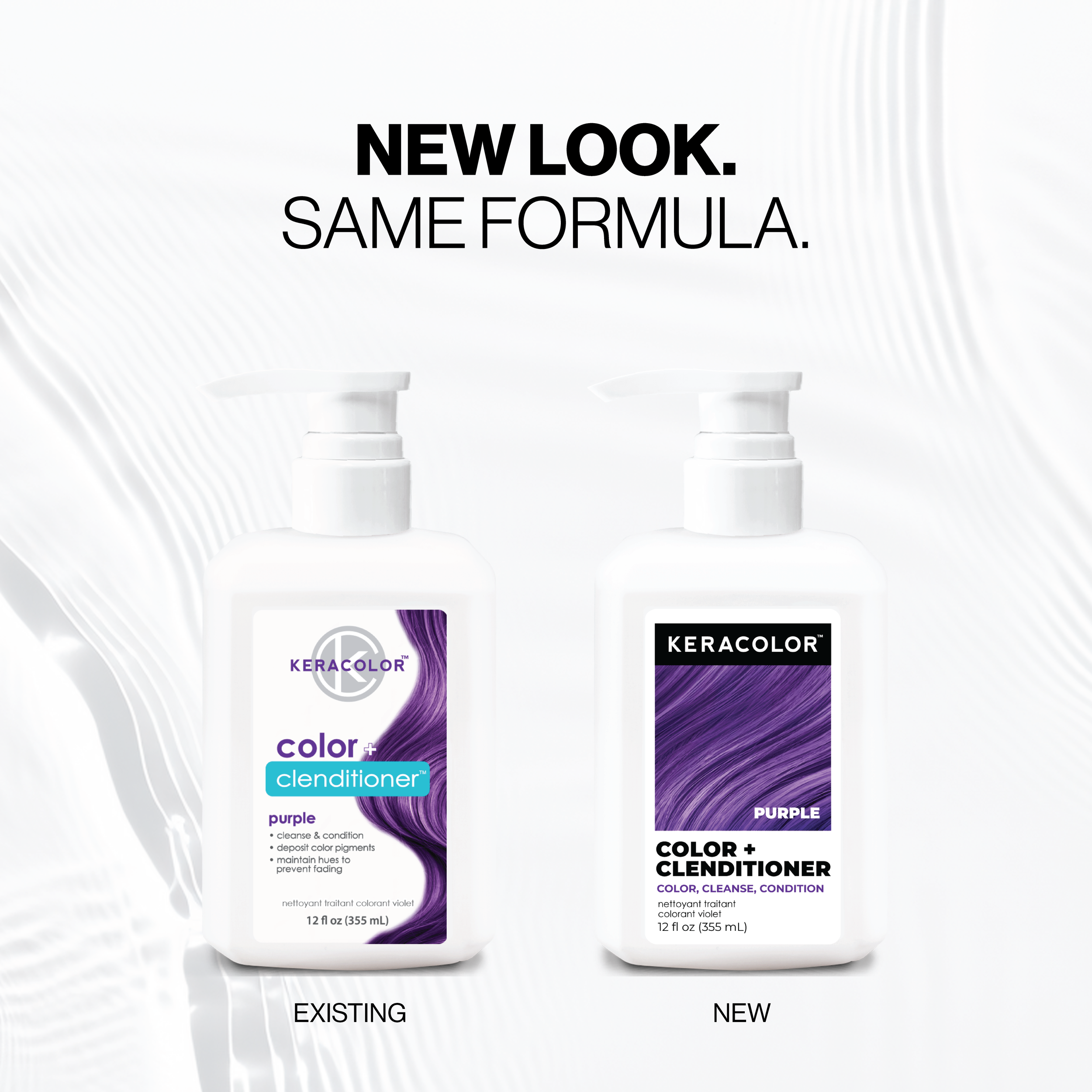 Two bottles of Keracolor purple color conditioner with text 'New Look. Same Formula.'