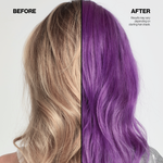 Before and after comparison of hair color change from blonde to purple.