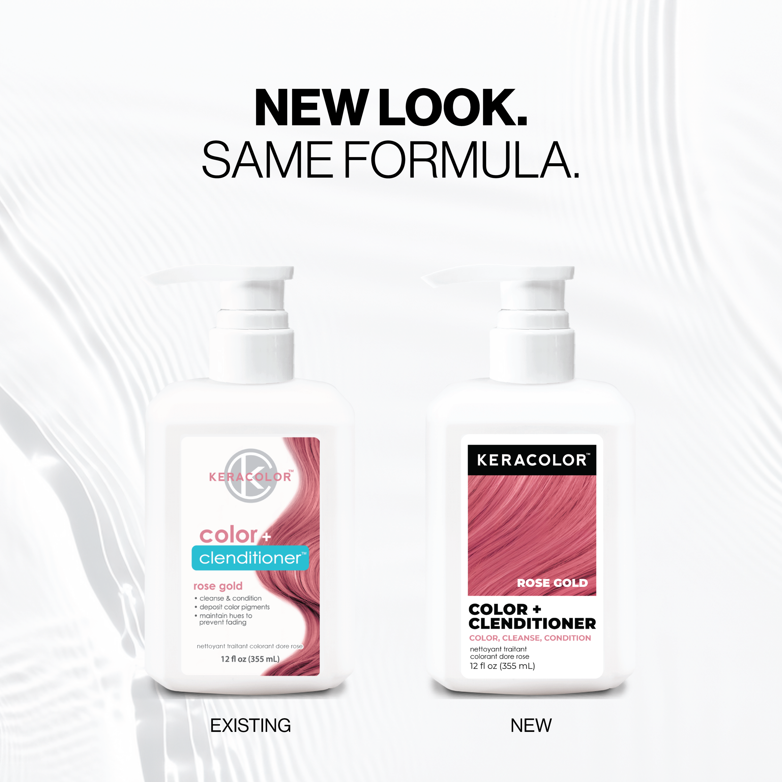 Two bottles of Keracolor Color + Conditioner with text 'New Look. Same Formula.' on a white background.