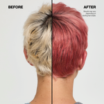 Before and after comparison of hair color transformation from blonde to rose gold.