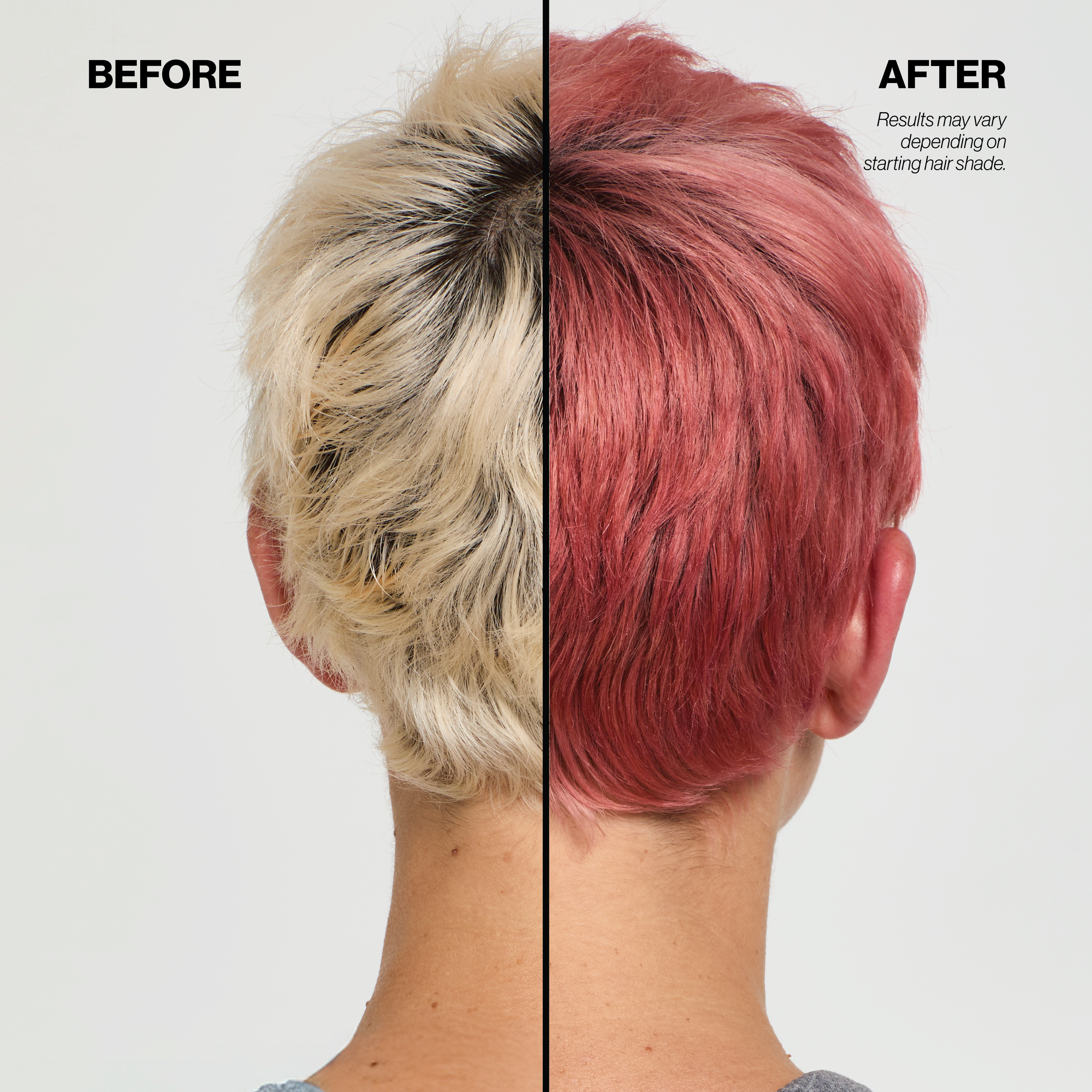 Before and after comparison of hair color transformation from blonde to rose gold.