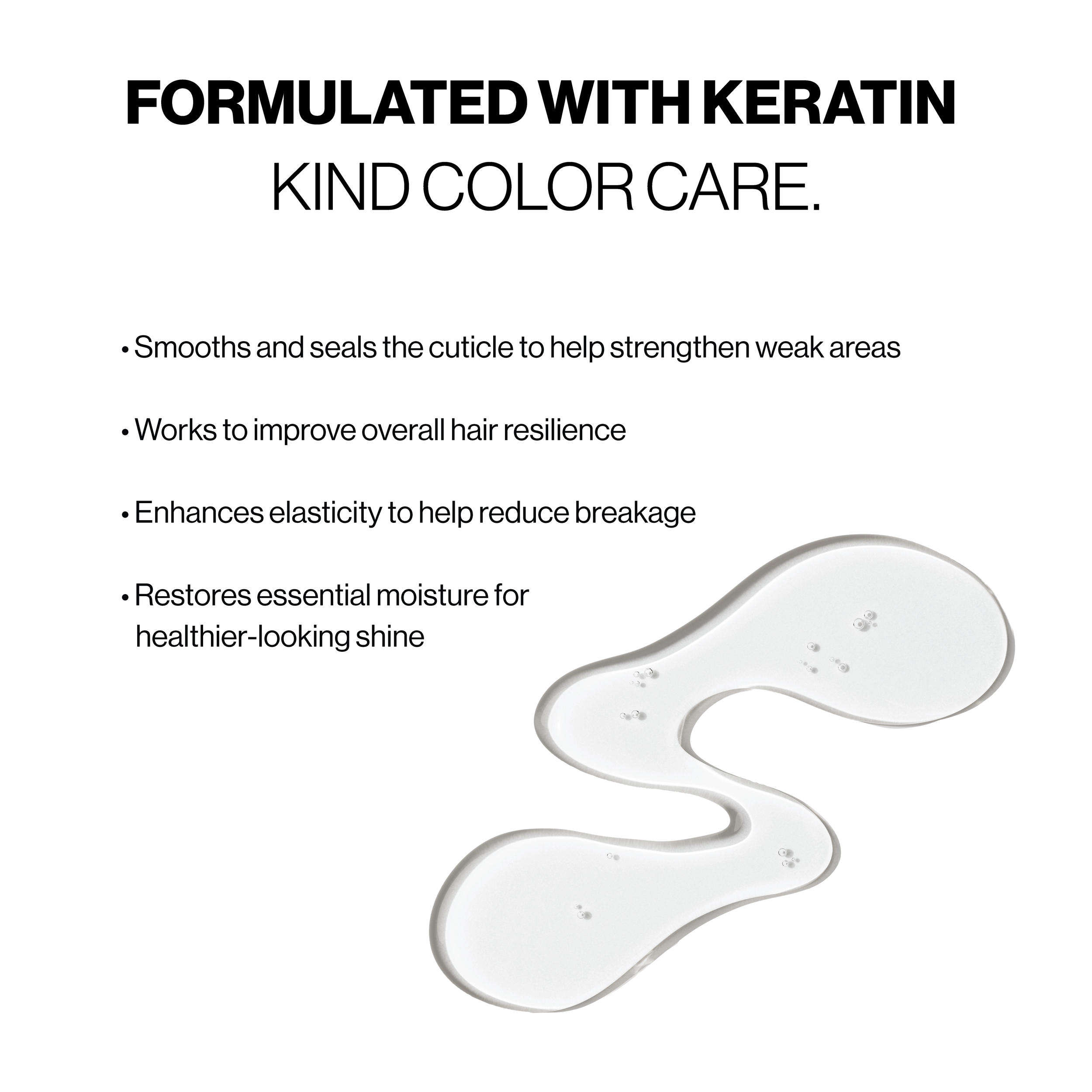 Text about keratin color care with a liquid droplet graphic on a white background