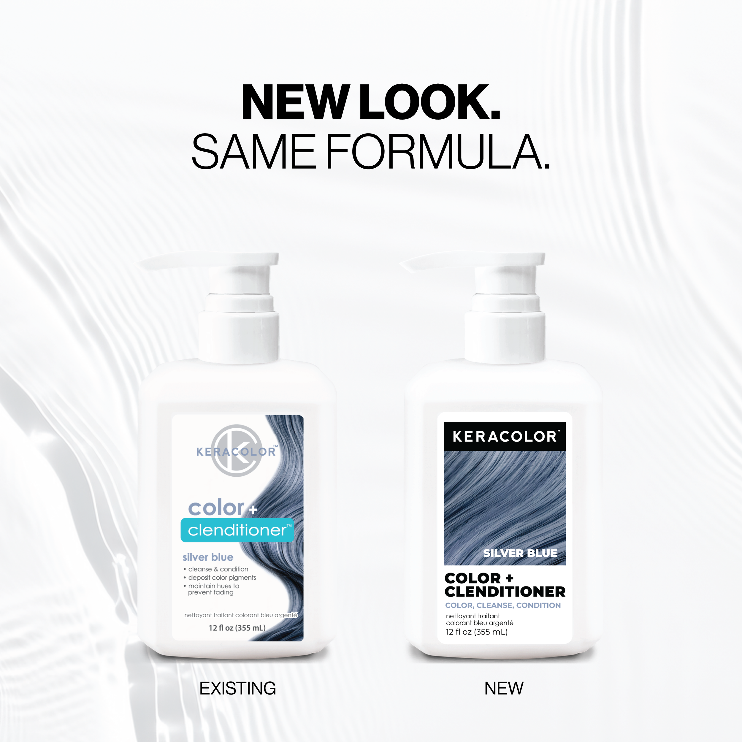 Two bottles of Keracolor Silver Blue Color + Conditioner with text 'New Look. Same Formula.'