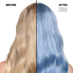 Before and after comparison of blonde to silver blue hair color transformation.