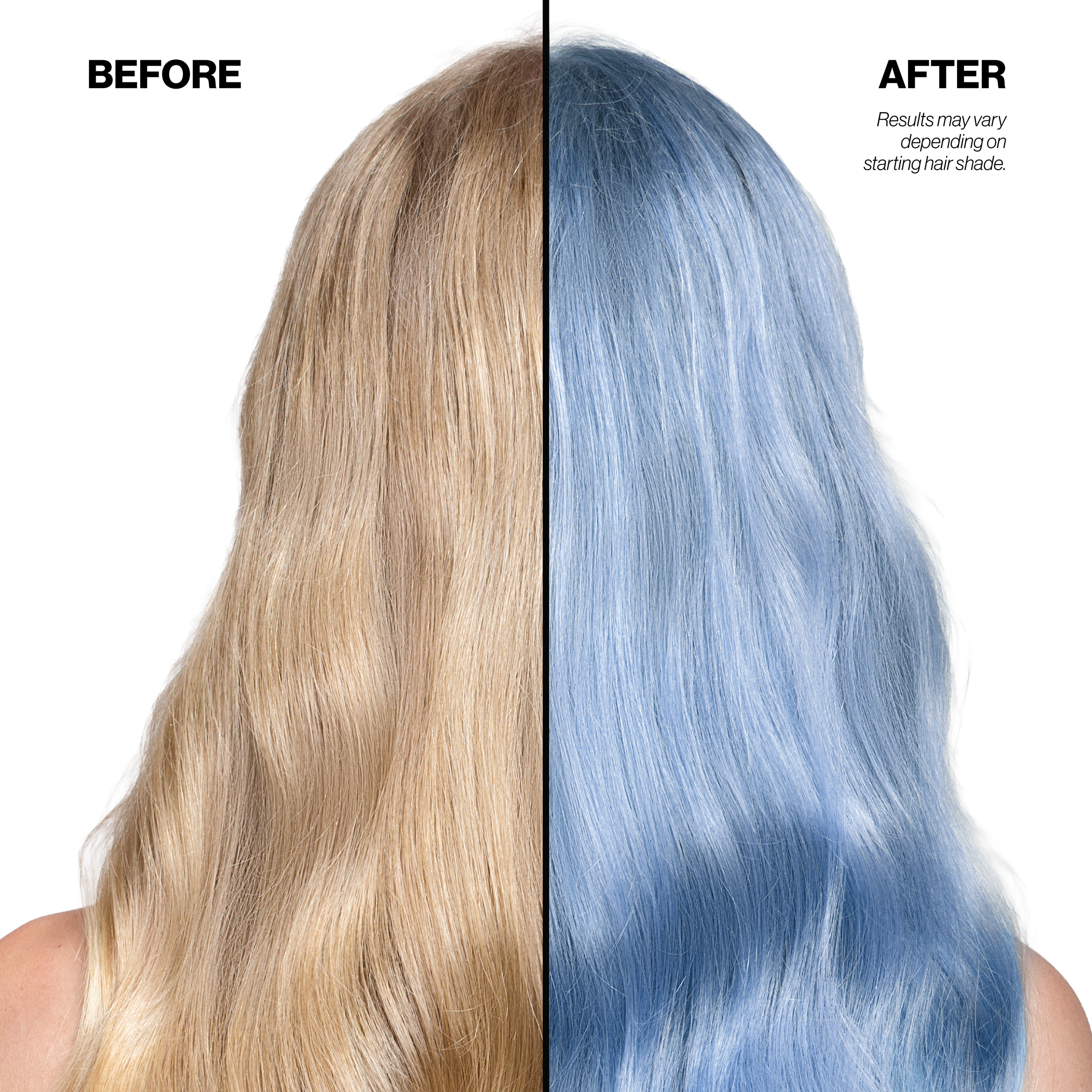 Before and after comparison of blonde to silver blue hair color transformation.