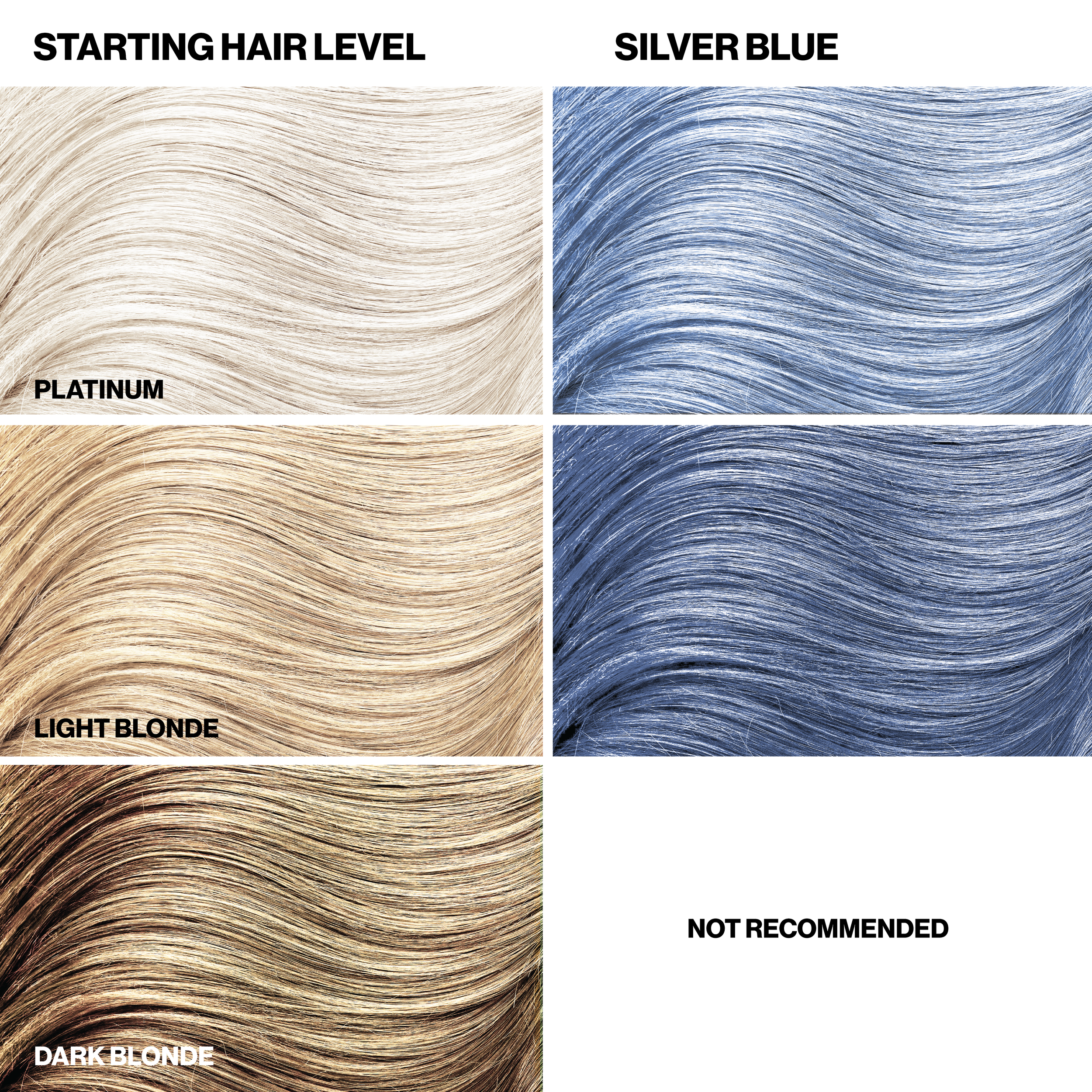 Color chart for silver hair color results with starting hair level, platinum, light blonde, and a 'not recommended' option (for dark blonde).