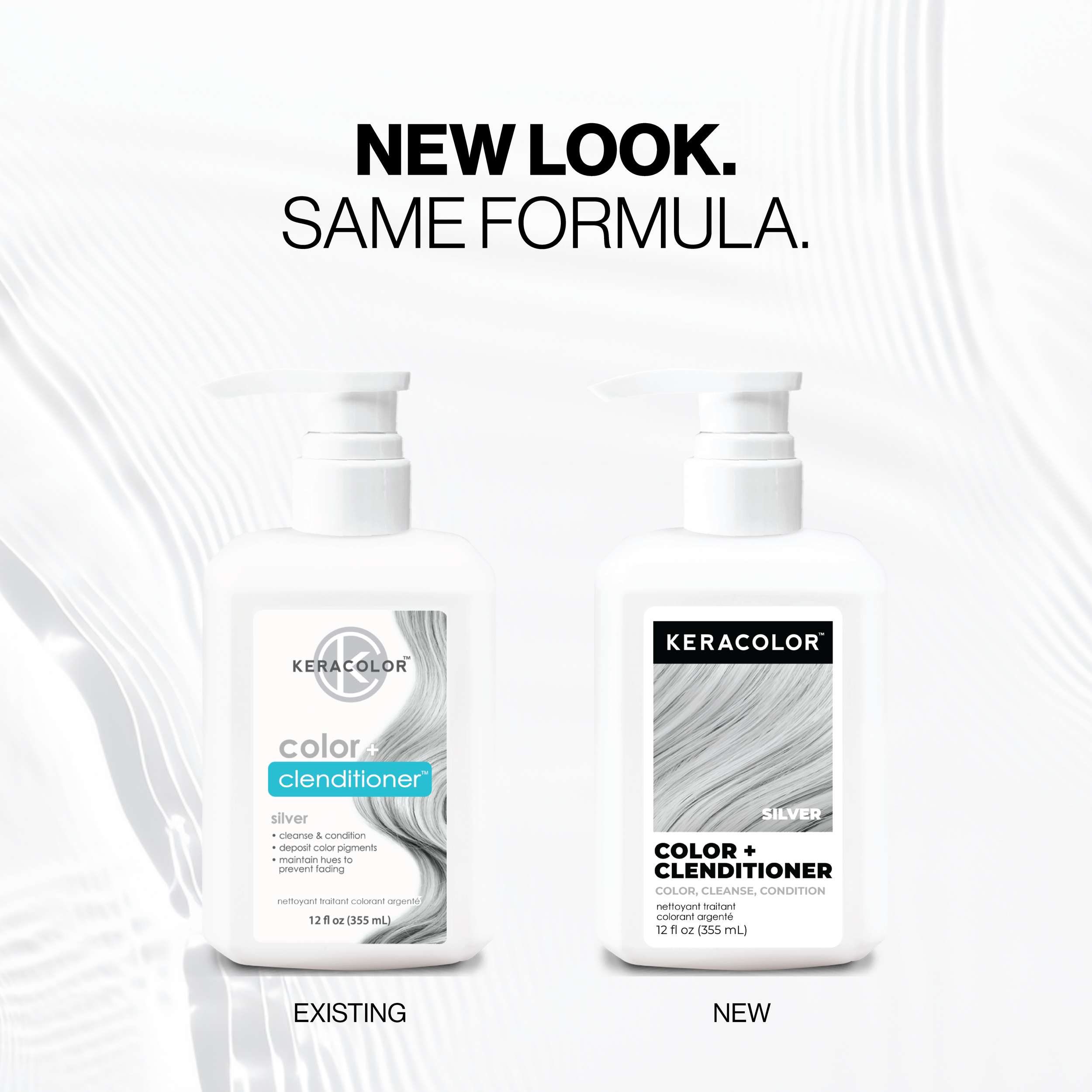 Two bottles of Keracolor Color & Conditioner with text 'New Look. Same Formula.' on a white background.