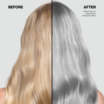 Before and after comparison of blonde hair turning gray on a plain background