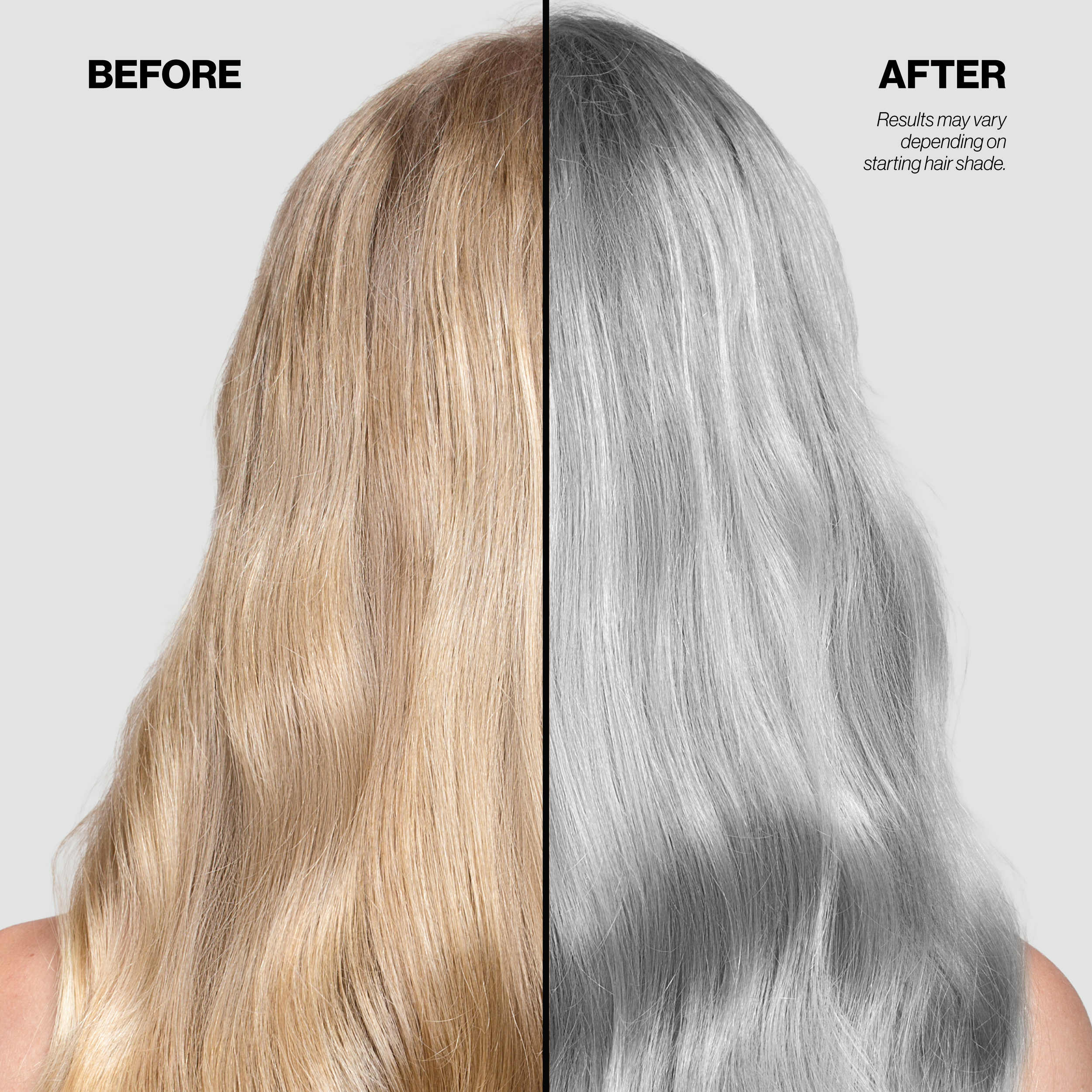 Before and after comparison of blonde hair turning gray on a plain background