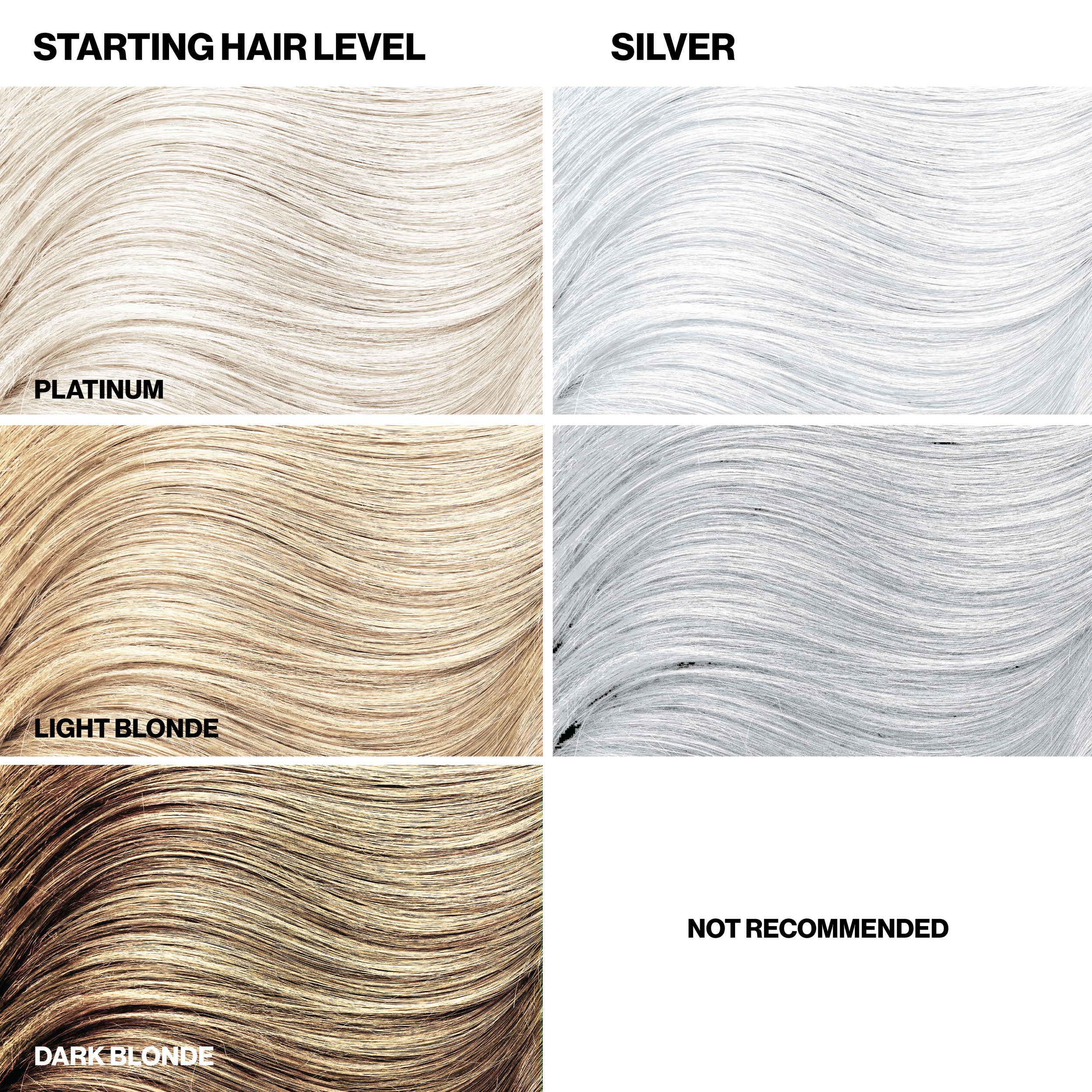 Hair color chart with different hair levels and color options. Not recommended for dark blonde starting shade, only light blonde and platinum. 