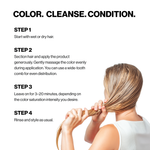 Hair care product instructions with a woman sectioning her hair.
