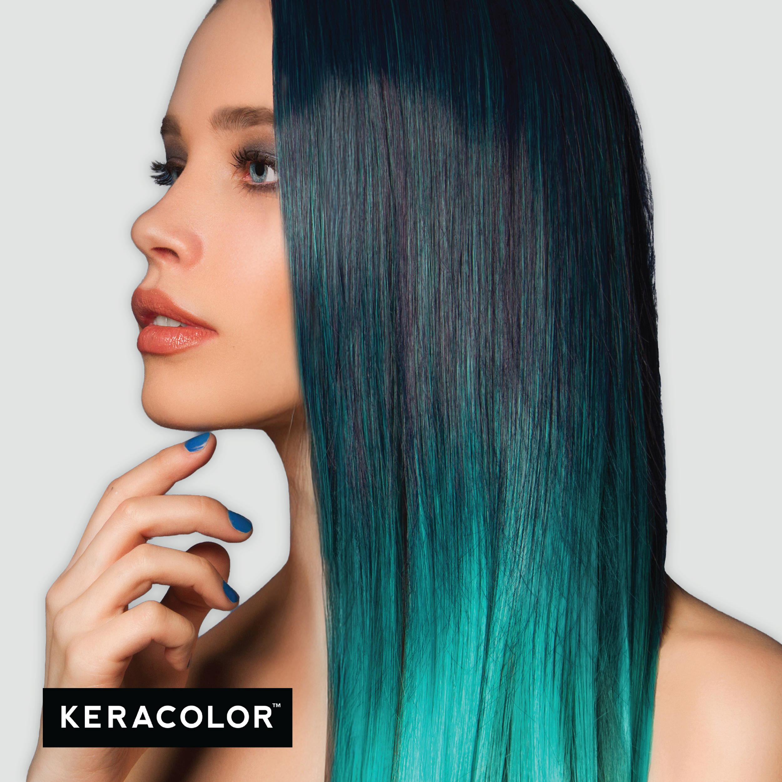 Woman with teal hair and a Keracolor product on a white background