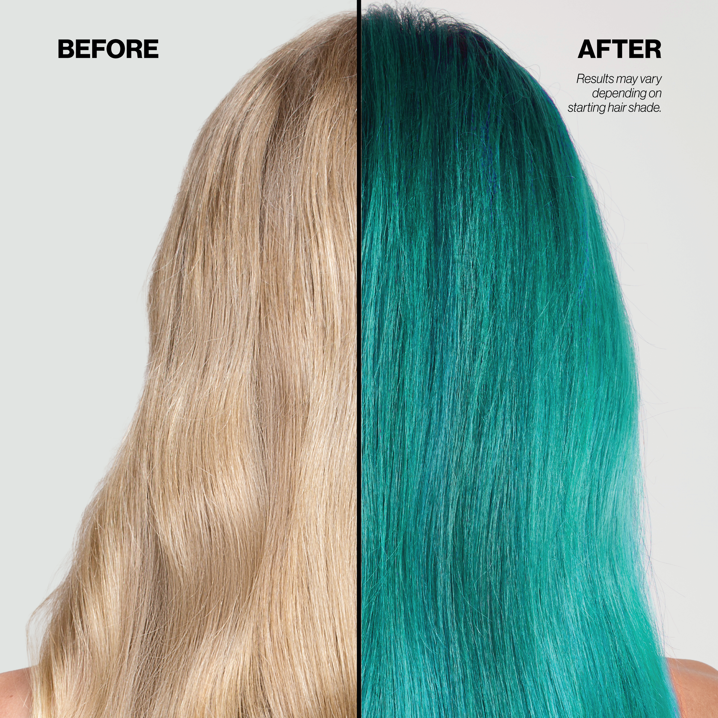 Before and after comparison of blonde to teal hair color on a plain background.
