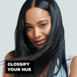 Woman with long black hair against a light gray background with text 'Glossify Your Hue'.