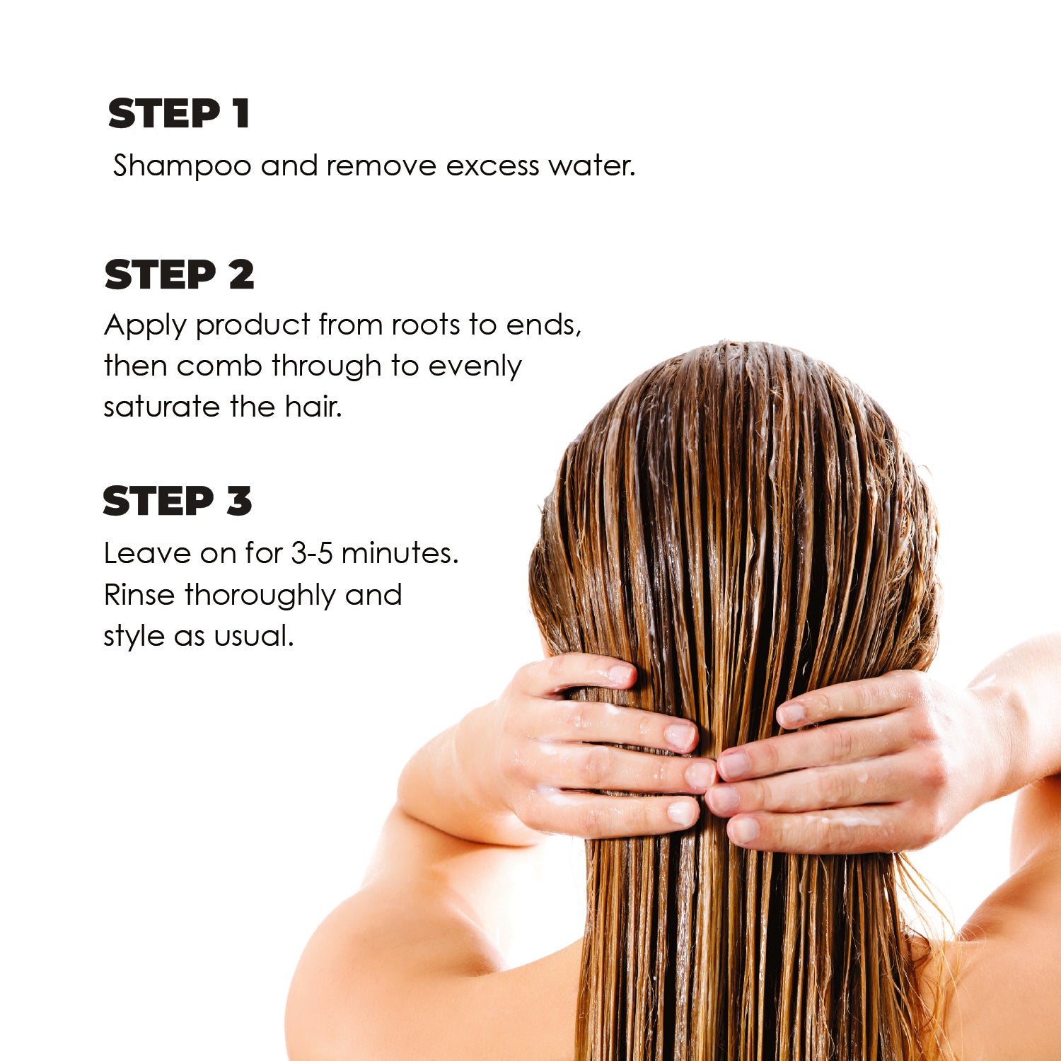 Hair care instructions with a person holding wet hair, on a white background
