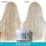 A before and after image of how toning + treatment will tone your hair and reduce frizziness.