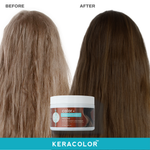A before and after image of how toning + treatment will tone your hair and reduce frizziness.
